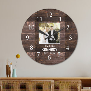 Grande Horloge Ronde Mariage photo personnalisé en bois rustique Annive
