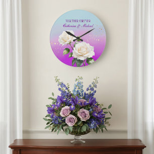 Grande Horloge Ronde Mariage Roses Ombrées Aquarelle Bleu Rose Violet