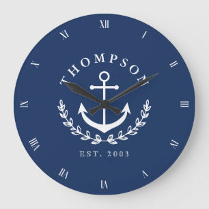 Grande Horloge Ronde Marine Ancre blanche Wreath Nom nautique et année 