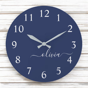 Grande Horloge Ronde Marine Bleu Blanc moderne Script Girl Monogramme N