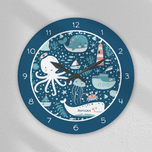 Grande Horloge Ronde Marine Bleu et blanc Motif de l'océan marin