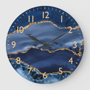 Grande Horloge Ronde Marine Blue et Faux Gold Parties scintillant marbr