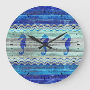 Grande Horloge Ronde Marine Rustique Décor Côtier Bleu Chevaux