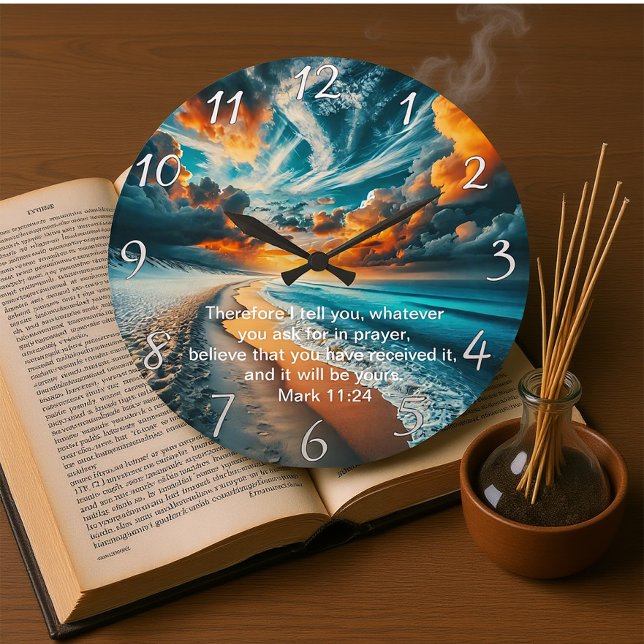 Grande Horloge Ronde Mark 11:24 Cross Sunset Ocean Faith (Créateur téléchargé)