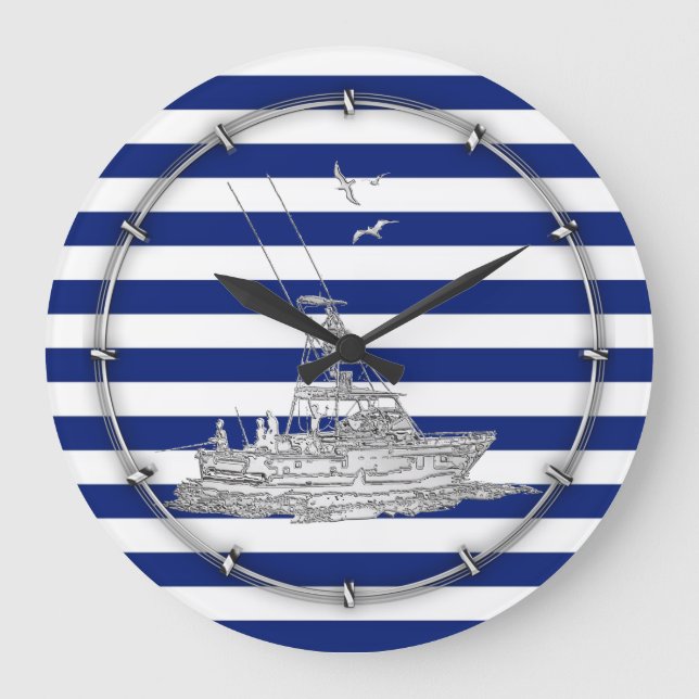 Grande Horloge Ronde Marlin Fishing Chrome sur les rayures de marine (Recto)
