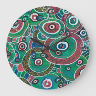 Grande Horloge Ronde Maroon and Turquoise Circles and Ovals Abstract