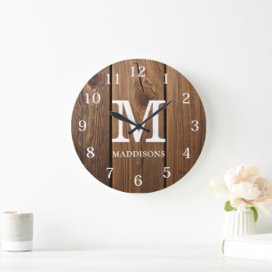 Grande Horloge Ronde Marron Bois Rustique Famille Nom personnalisé Mais