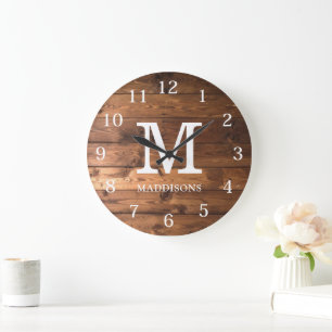 Grande Horloge Ronde Marron Bois Rustique Famille Nom personnalisé Mais