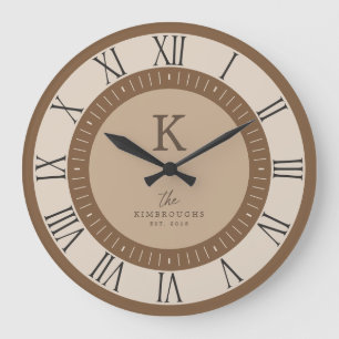 Grande Horloge Ronde Marron Élégant Moderne Mousse Monogramme Famille