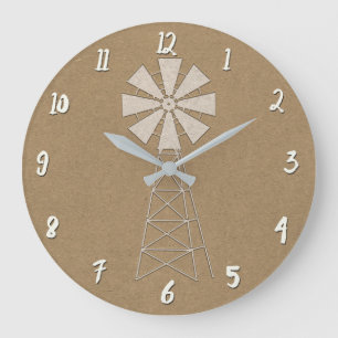 Grande Horloge Ronde Marron Rustique Kraft Ferme Moulin à Vent Campagne