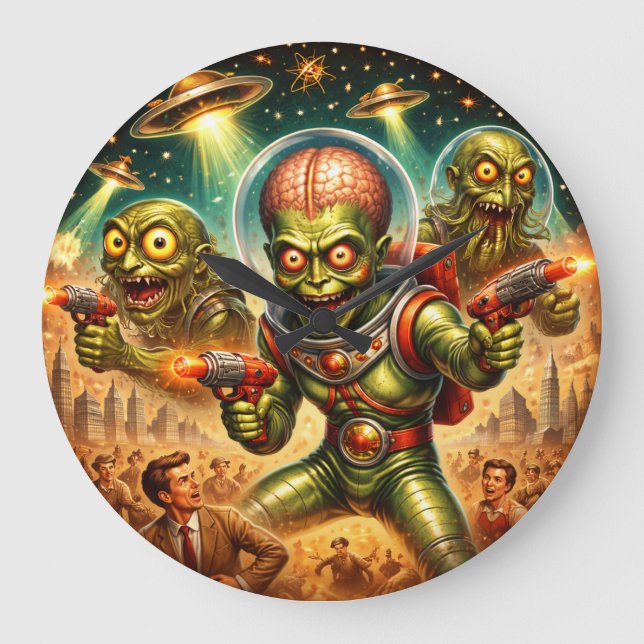 Grande Horloge Ronde Martian Mayhem Retro Sci-Fi (Recto)