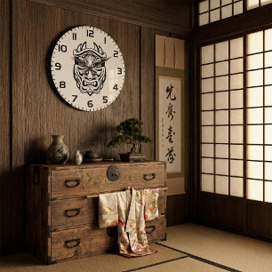 Grande Horloge Ronde Masque Oni japonais Art linéaire tribal démon