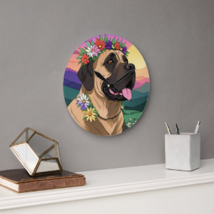 Grande Horloge Ronde Mastiff dogue anglais avec couronne de fleurs fête