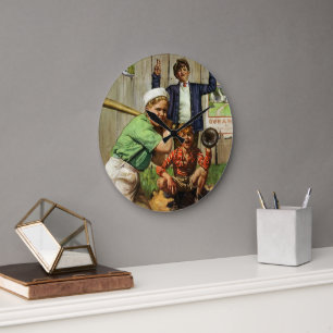 Grande Horloge Ronde Match de baseball vintage, enfant garçon joueur de