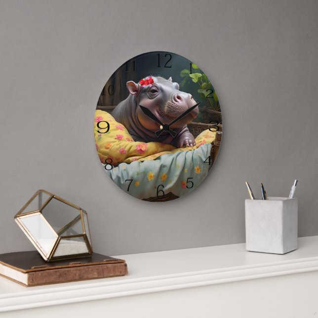 Grande Horloge Ronde "Matinage des lunettes : Baby Hippo se réveille da (Bureau)