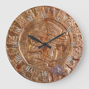 Grande Horloge Ronde Mayan Carved Metal Aztec Mexican Art History Clock