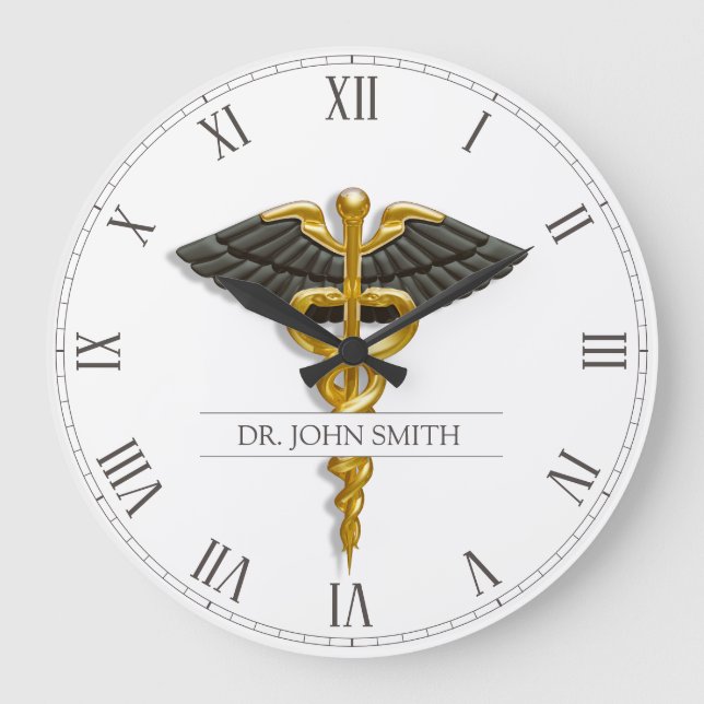 Grande Horloge Ronde Médicale Caduceus Gold Black ailes élégant Classy (Recto)