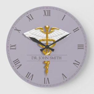 Grande Horloge Ronde Médicale Elegant Gold Caduceus ailes blanches
