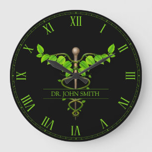 Grande Horloge Ronde Médicale holistique alternatif Caduceus Feuilles v