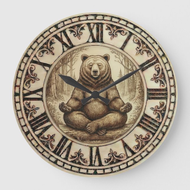 Grande Horloge Ronde Meditating Bear Wall Clock – Wood-Burned style  (Recto)