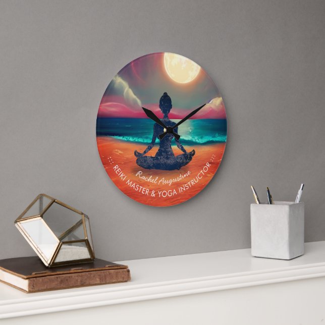 Grande Horloge Ronde Méditation Yoga paisible Lune Sky Ocean Beach (Bureau)
