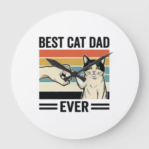 Grande Horloge Ronde Meilleur Papa Chat Rétro Chemise Fist Bump Chat_1