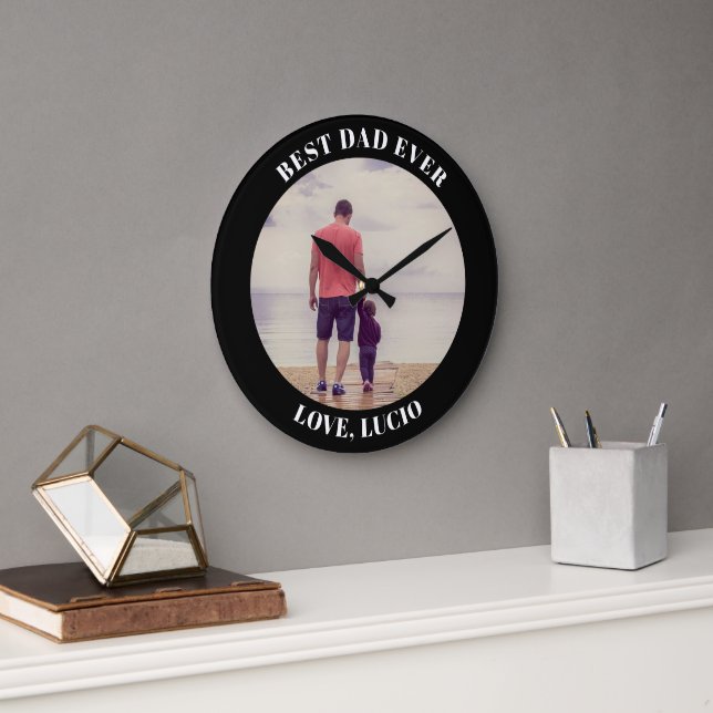 Grande Horloge Ronde Meilleur papa photo personnalisée noir (Bureau)