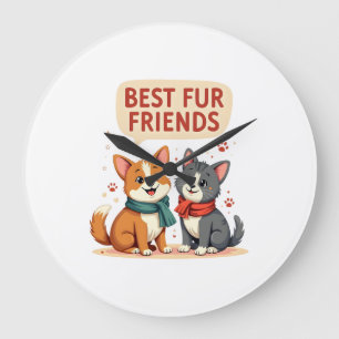 Grande Horloge Ronde Meilleurs amis en pelage Vintage Chat et Chien de