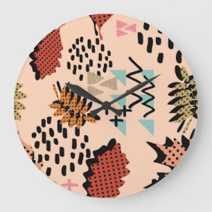 Grande Horloge Ronde Memphis Automne : Motif Feuille géométrique