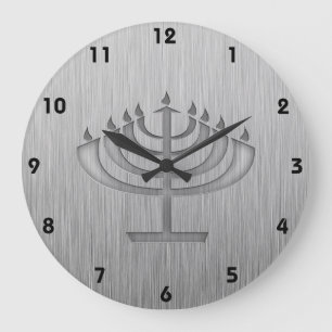 Grande Horloge Ronde Menorah ; Métal-regard balayé