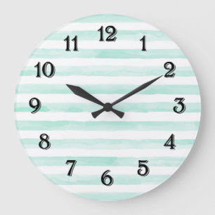 Grande Horloge Ronde Menthe Élégante et Rayures Blanches