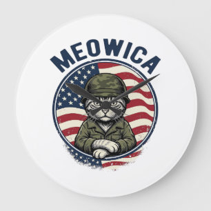 Grande Horloge Ronde Meowica Chat Patriotique Chemise Gravure Vintage D