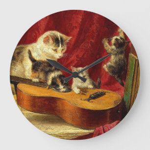 Grande Horloge Ronde Mère Chat et chatons Jouer avec la guitare