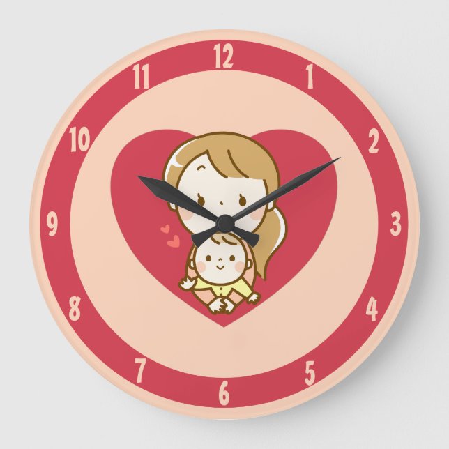 Grande Horloge Ronde Mère et enfant mignon dessin animé kawaii fête des (Recto)