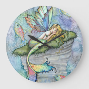 Grande Horloge Ronde Mermaid colorée et poisson carpe Fantaisie Art