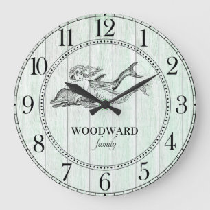 Grande Horloge Ronde Mermaid Dolphin Aqua Blue Beach Lake House