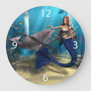 Grande Horloge Ronde Mermaid et Dolphin