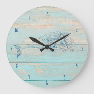 Grande Horloge Ronde Mermaid Rustic Beach Wood Coastal