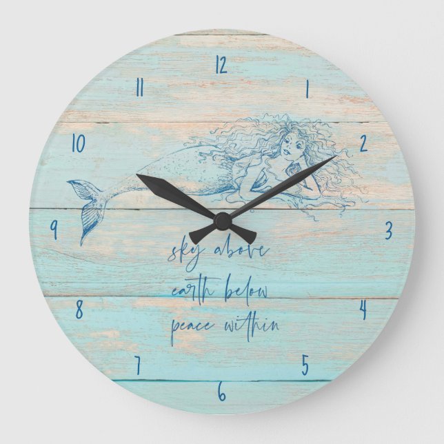Grande Horloge Ronde Mermaid'affirmation Rustic Beach Wood Coastal (Recto)