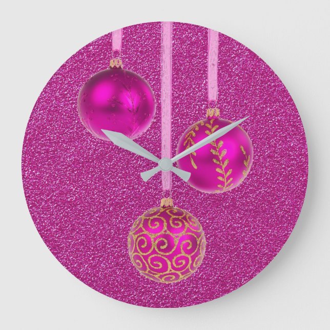 Grande Horloge Ronde Merry Christmas Pink Glitter Bauble Elegant (Recto)
