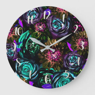 Grande Horloge Ronde Merveilleux Monde Foncé Glamour Floral Fleurs