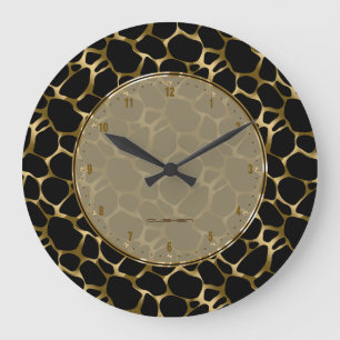 Grande Horloge Ronde Métallc Faux Gold & Black Leopard Print