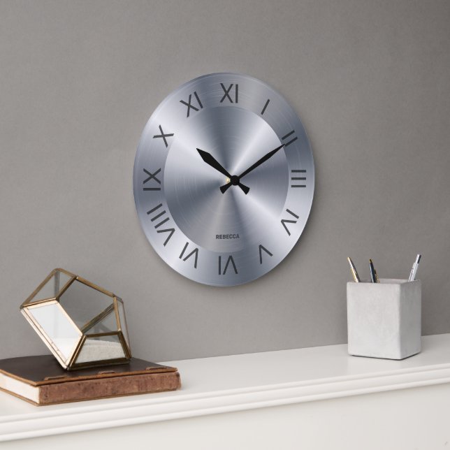 Grande Horloge Ronde Metallic Stainess Steel Texture Custom Monogram La (Bureau)