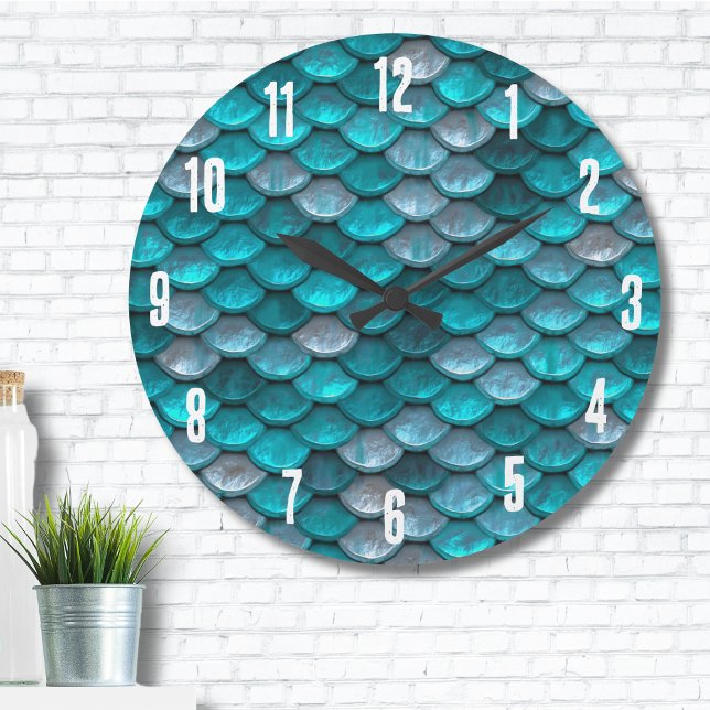 Grande Horloge Ronde Métallo Turquoise Turquoise de sirènes Motif (Metallic Turquoise Teal Mermaid Scales Pattern Large Clock )