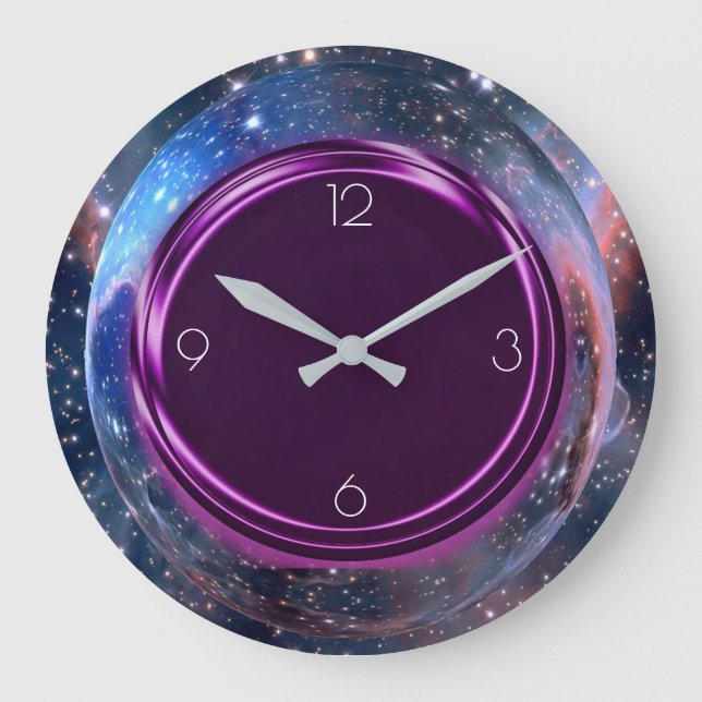 Grande Horloge Ronde Métallurgique violet, Voyage spatial Galaxy Stars  (Recto)