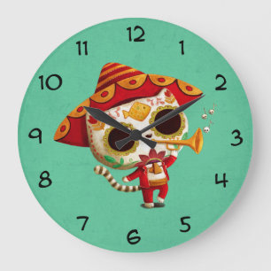 Grande Horloge Ronde Mexicain El mariachi Cute Cat