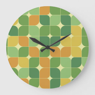 Grande Horloge Ronde Mi-siècle Abstrait Motif vert orange