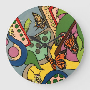 Grande Horloge Ronde Mi-siècle Abstraite de papillon peinture sur