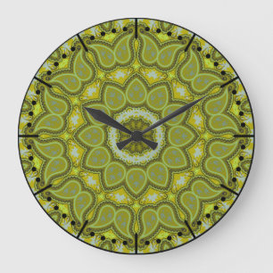 Grande Horloge Ronde Mi-siècle Moderne Olive Green Boho Paisley