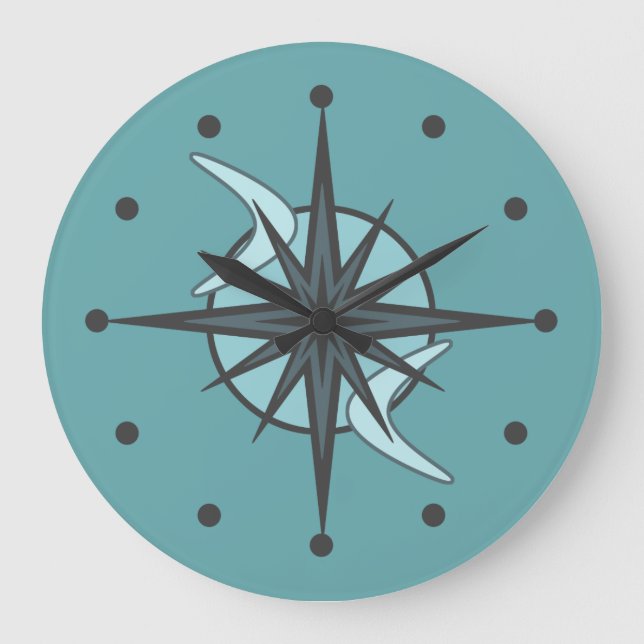Grande Horloge Ronde Mi-siècle moderne Spoutnik Starburst Turquoise (Recto)